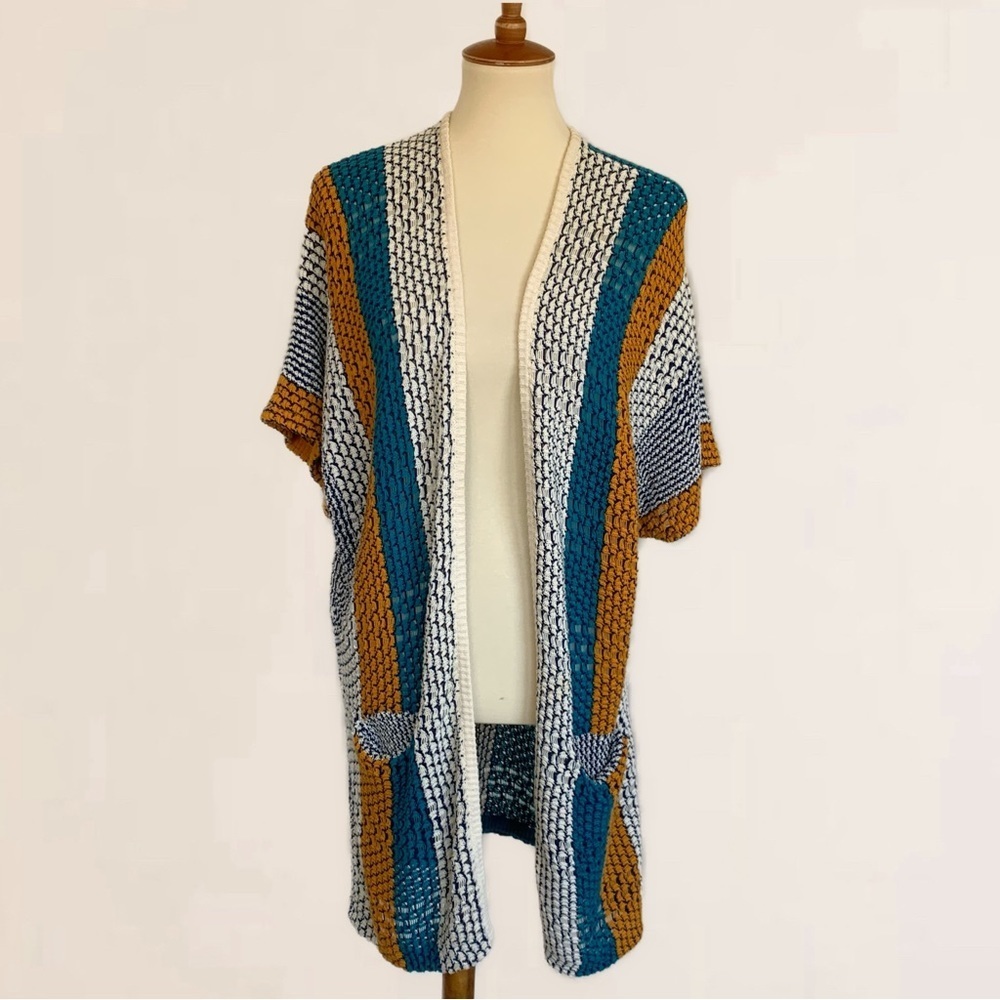 Anthropologie Sparrow Striped Open Loose Knit Longline Cardigan Front Pockets